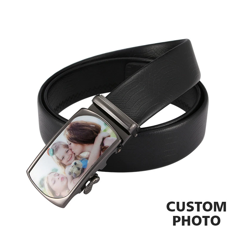 

Custom Family Photo Belts Men Individual Belt Genuine Leather Automatic Buckle Belts Men 110CM Strap Male Metal Best Gifts