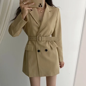 

Comelsexy2020 New Autumn Winter Chic Double Breasted Women Blazer With Belt Turn Collar Minimalist Jacket Female Outwear Pockets