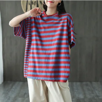 

Summer T-shirt Large size Loose Women Retro Pullovers Tops 2020 O-Neck Short Sleeve Striped Casual Ladies All-match T-shirt Tops