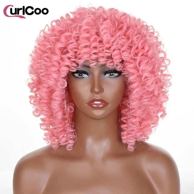 Short Afro Kinky Curly Wigs With Bangs For Black Women Synthetic Ombre Natural Heat Resistant Hair Brown Cosplay Highlight Wigs 2311