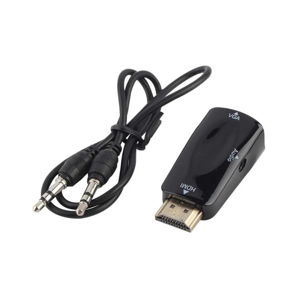 

New HDMI Male To VGA Female Converter Box Adapter With Audio Cable For PC HDTV + 3.5mm AV Audio Cable For PC Black
