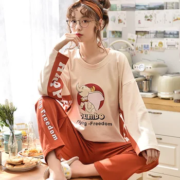

Pajamas Woman Autumn Sweet Lovely Small Fly As Letter Split Joint Cotton Twinset Student Girl Home Furnishing Serve
