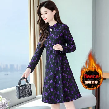

Plus Size Women Clothing Chinese New Year Traditional Embroidery Lace Dress Qipao Winter Warm Cheongsam Improve National Dress
