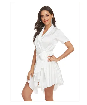 

2020Korean version of the satin V-neck lace irregular holiday skirt ruffled short sleeve waist slimming dress female summer