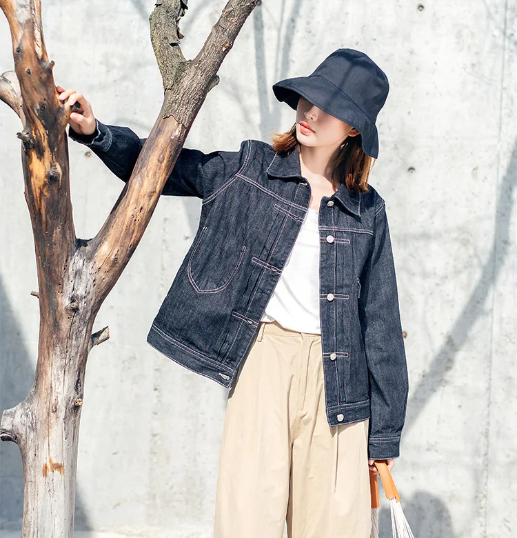 

Deer Flying Bird Japanese-style Retro Black And White with Pattern Washing Workwear Jeans Coat Female Autumn 734 # for Figure