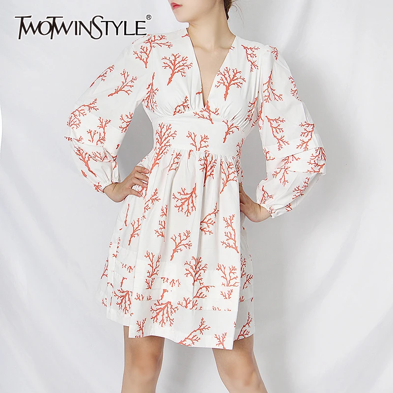 TWOTWINSTYLE Hit Color Print Dress For Women V Neck Long Sleeve High Waist A Line Mini Dress Female Summer New 2020 Fashion TWOTWINSTYLE Hit Color Print Dress For Women V Neck Long Sleeve High Waist A Line Mini Dress Female Summer New 2020 Fashion