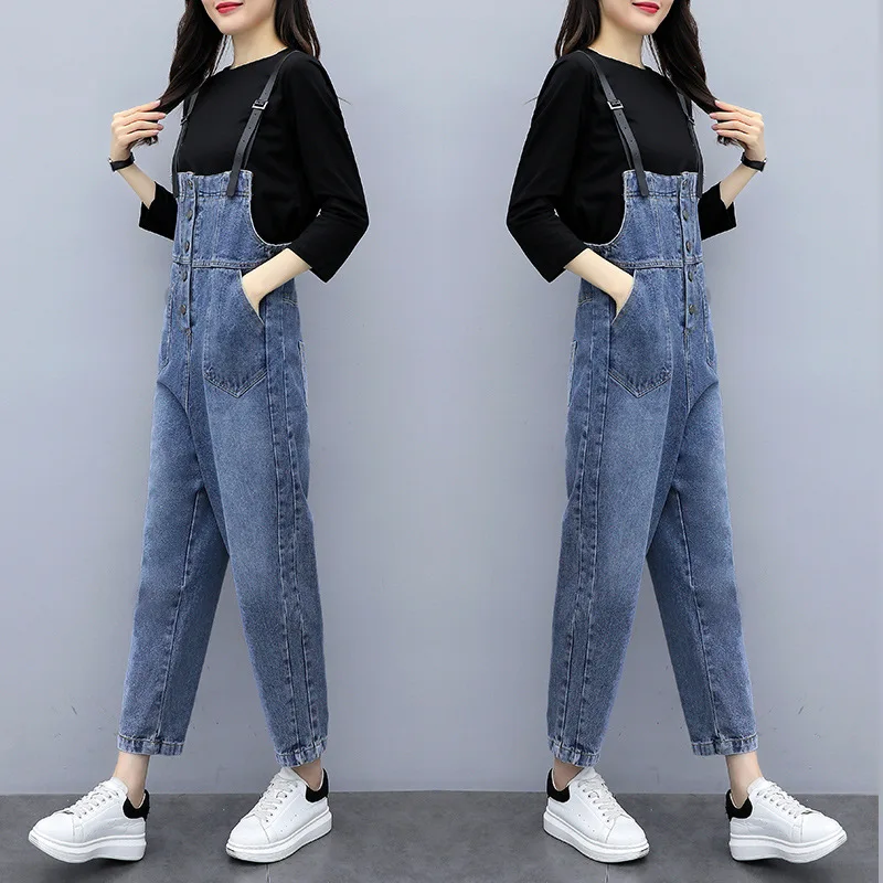 

Suspender Pants Korean-style Slimming Cowboy Trend Three-quarter-length Sleeve Solid Color Two-Piece Set 2019 Autumn