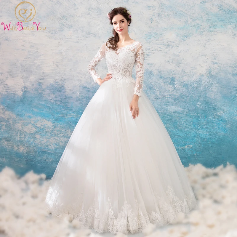 

Walk Beside You Ivory Wedding Dresses Long Sleeves Lace Applique Beads Transparent Ball Gown Long Floor Length Brides Gowns New