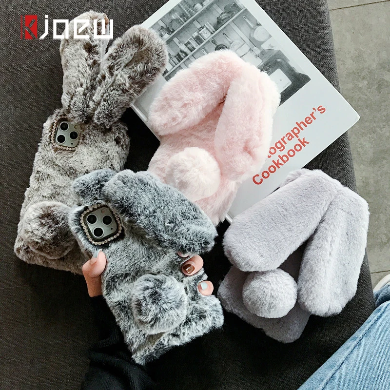 KJOEW Warm Plush Long Rabbit Ears Furry Fluffy Fur Phone Case For
iPhone 11 Pro Max X XR Xs Max Cover For iPhone 6 6S 7 8 Plus