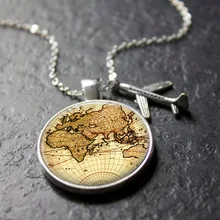 XUSHUI XJ-collar Vintage con mapa del mundo para hombre y mujer, colgante con amuleto de avión cabacón, cúpula de cristal, viaje, Explore Discover, regalos