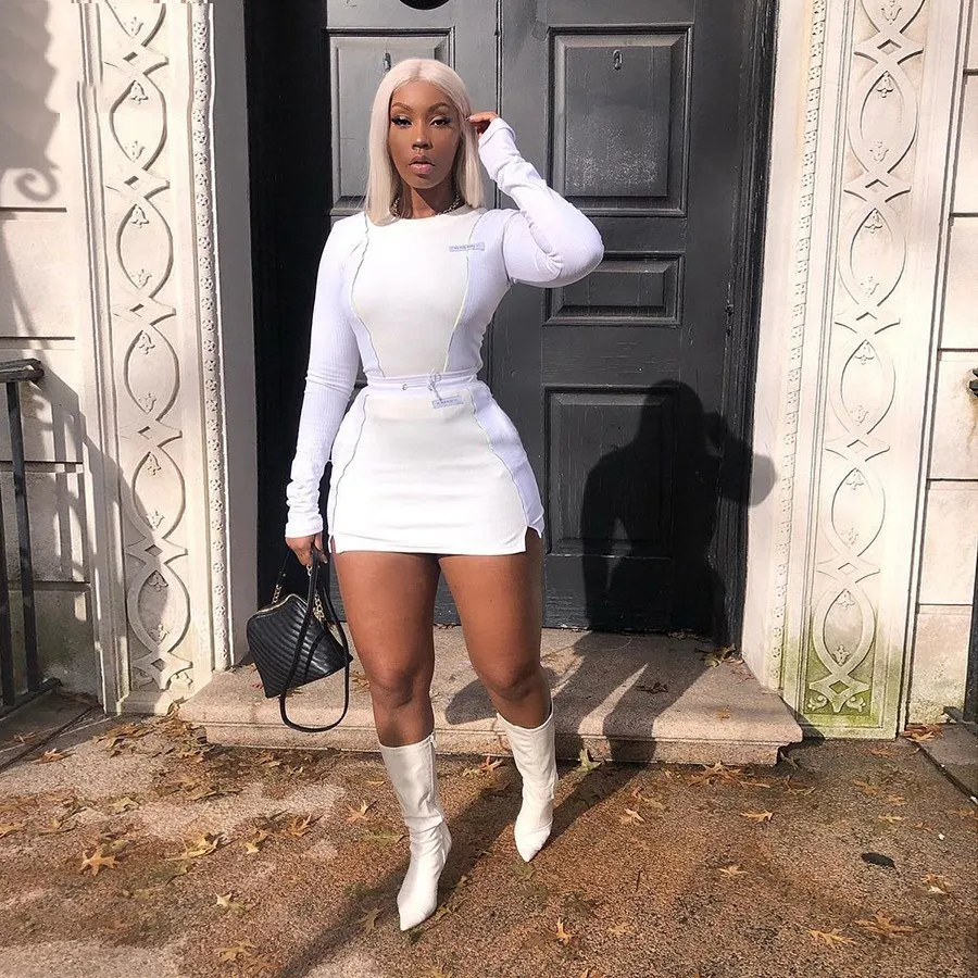 

Women Sportswear 2Pieces Sets Femme White Patchwork Tops Tee Shirts Mini Bodycon Skirts Suits