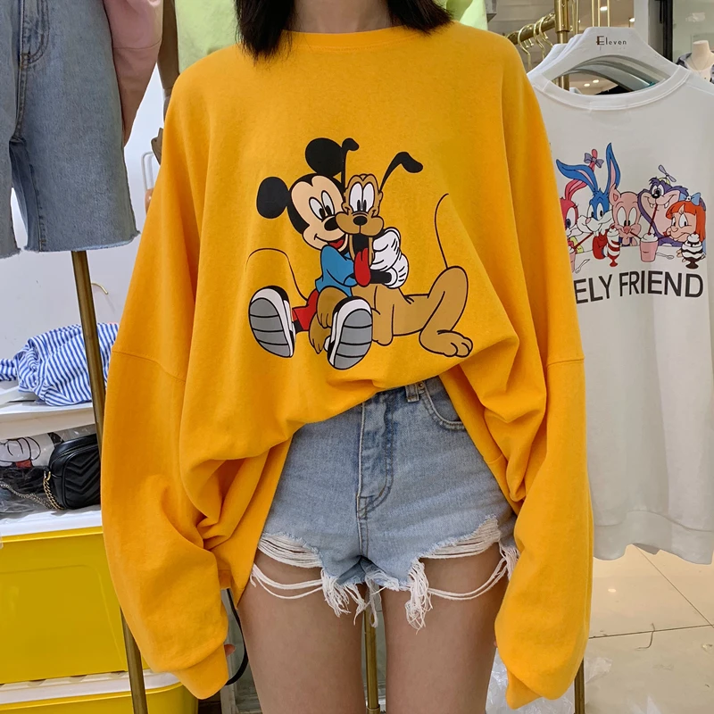 

Women Plus Size Sweatshirt Autumn Winter Thin Casual Loose Cartoon Mickey Goofy Cartoon Pullover Long Sleeve Sport Tops Fashion