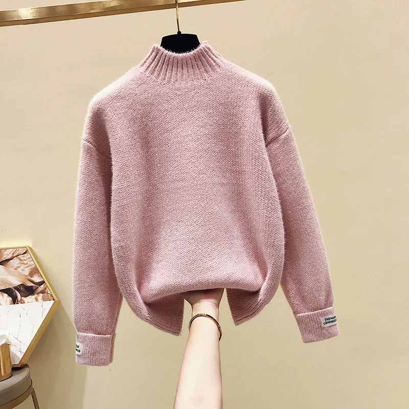 pink Вязаные топы, свитера, пуловеры, женские свободные новые осенние и зимние студенческие свитера с высоким воротником, толстые свитера с имитацией норки - Цвет: pink