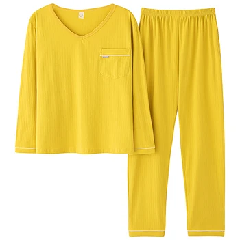 

Man New Soft Solid Spring Autumn Homesuit Homeclothes Sleepwear Fashion Style Casual Style Pajamas Set Man Clothes Yellow Top