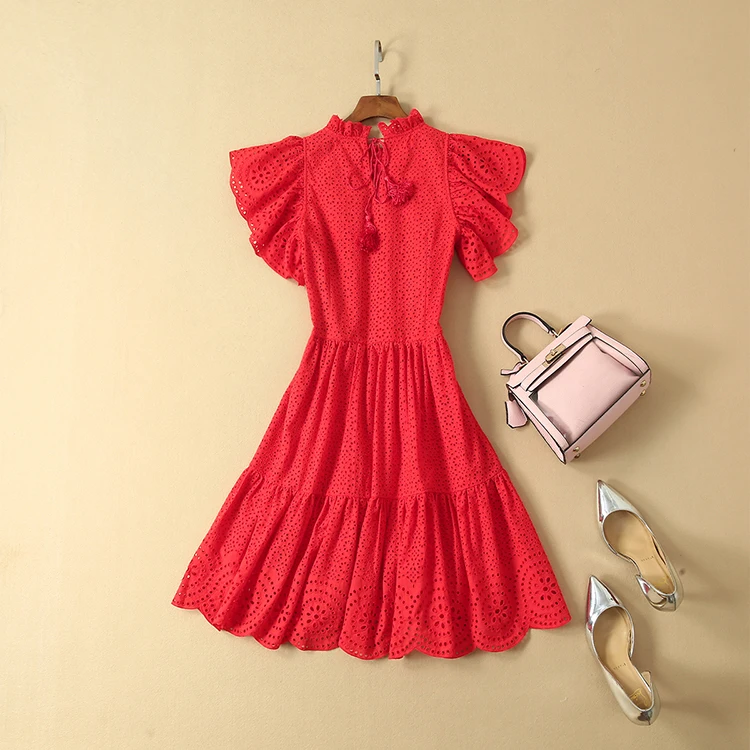 HIGH QUALITY Newest Runway Dress Women's Butterfly Sleeve Hollow Out Embroidery Cotton Dress