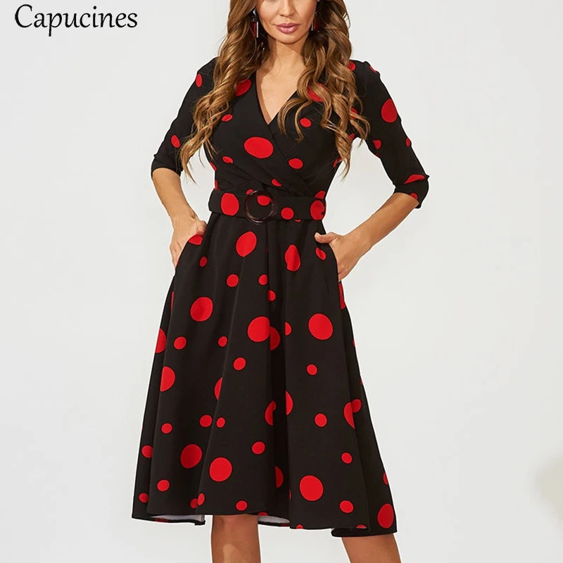 Capucines New Irregular Dot Printed Belt Women Dress Autumn 3/4 Sleeves V Neck A Line Slim Elegant Vintage Party Dresses