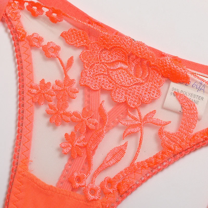 bra and panty sets Ellolace Floral Transparent Erotic Lingerie Sexy Underwire Bra Garters and Thongs Lace Brief Sets Sensual Neon Orange Underwear underwear sets sale