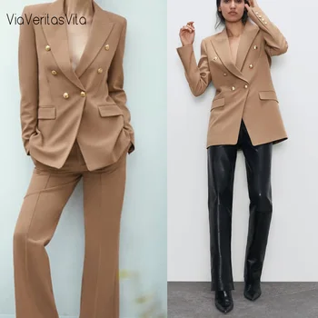 

Beige Khaki Blazers for Women Double Breasted Ladies Formal Suit Jackets Casual Solid Female Zachic OL Suit Blazer Outwear Coat