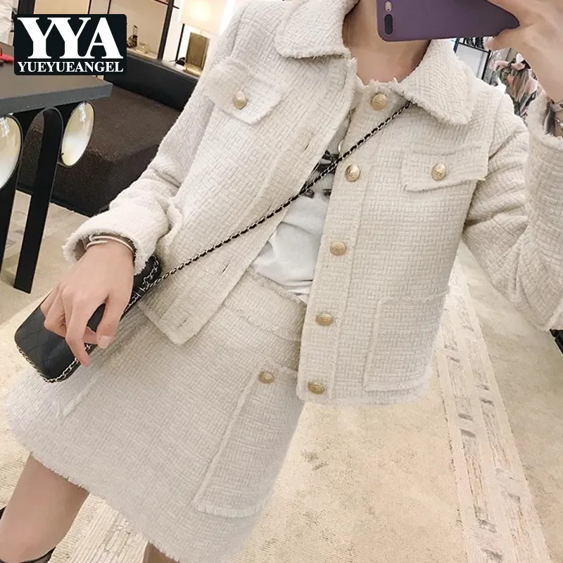 

Chic Ladies Slim Fit Tweed Tassel Two Piece Outfits Long Sleeve Single Breasted Short Coats A-Line Skirts Fashion Matching Sets
