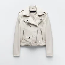 Spring Autumn Women Faux Leather Jacket Ladies Solid With Belt Zipper Biker Coat Female Casual Outwear