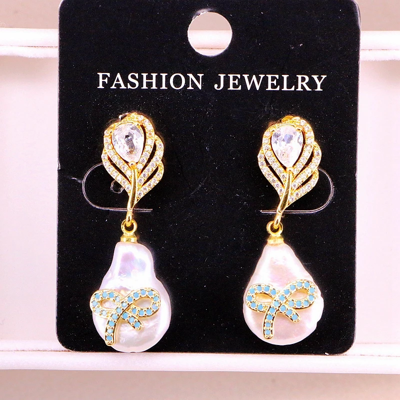 

4Pairs, Gold Filled Dangle Jewelry For Women Drop Shaped Nature Pearl Micro CZ Stones Paved Fashion Earrings