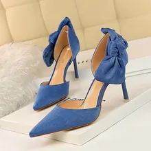 Korean Fashion Stiletto High Heel Suede Hollow Shallow Mouth Sexy Thin Pointed Bow Hollow Sandals