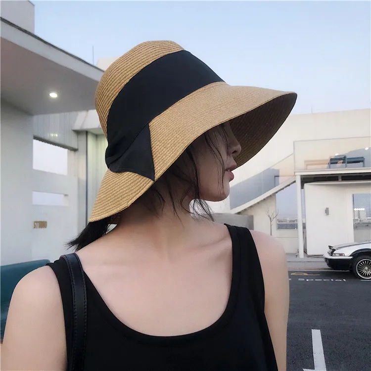 

Foldable French Bow Retro Straw Hat Children Summer Holiday Beach Hat Big Brim Topee