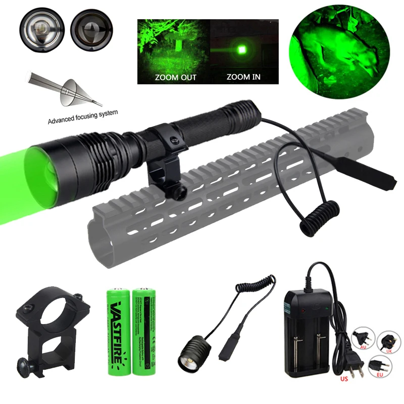 Tactical Green Hunting Spotlight LED 10000LM Flashlight Torch Camping Lamp Mount 