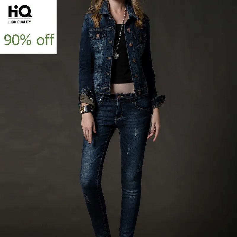 

Womens Set Korean Style Street Slim Turn Down Collar Denim Coat Frayed Jeans Women Two Piece Outfits Casual Conjunto Feminino