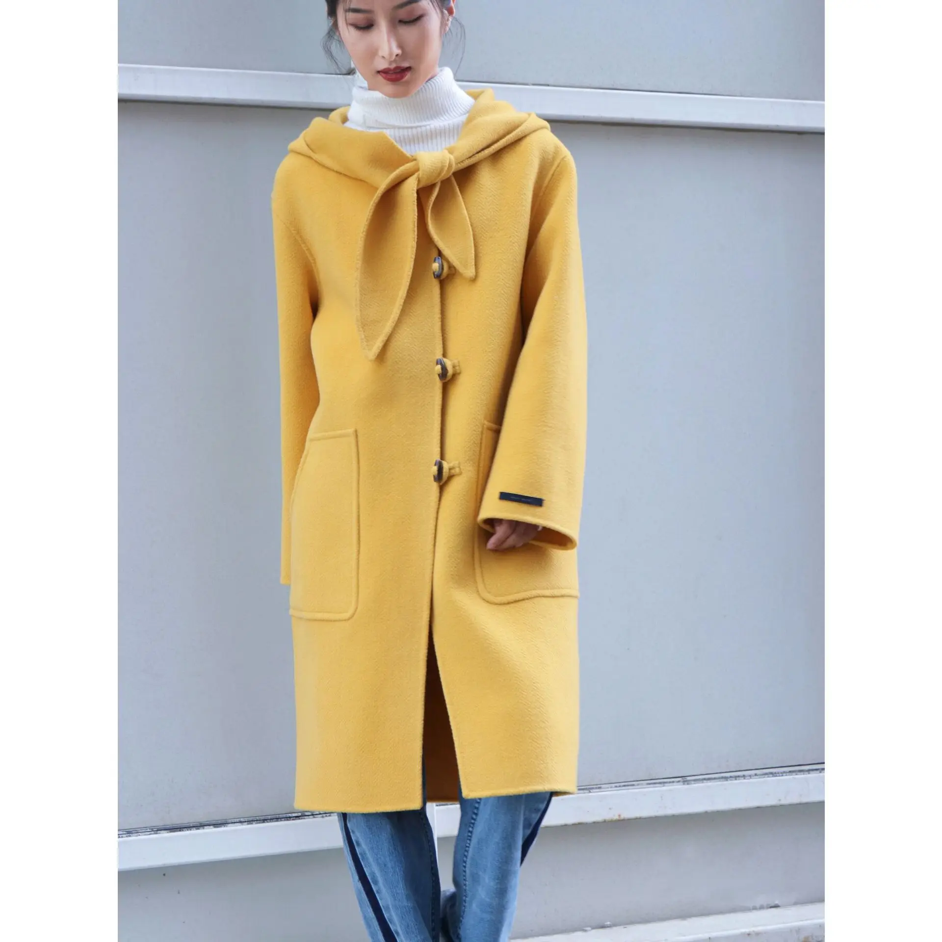 

2019 Autumn New Products Playful Girly Style Herringbone Rabbit Eared Ox Horn Debit Double-Sided Sew Wool Overcoat