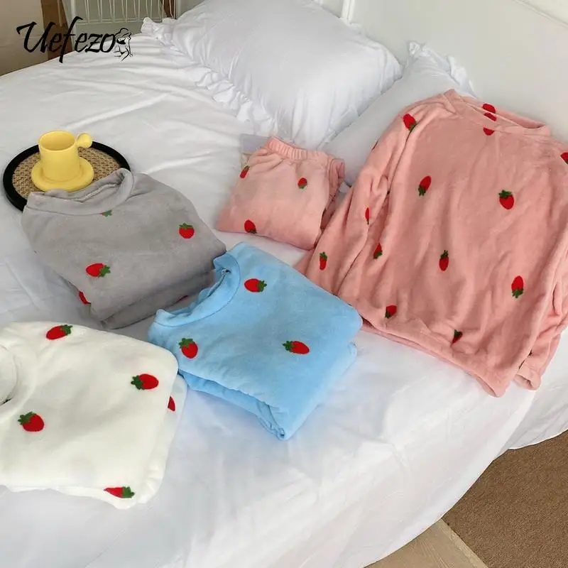 Women Winter Flannel Pajama Set Strawberry Cherry Printed Homewear Long Sleeve Loungewear Loose Thick Warm Sleepwear
