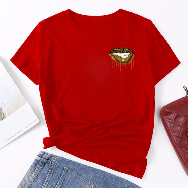 Summer Fashion Shirt Lips Leopard Graphic T Shirt Women Harajuku Tops  O-neck 4 colors Tee Kiss Lip Funny Girls  T-shirt Lips 2 Red