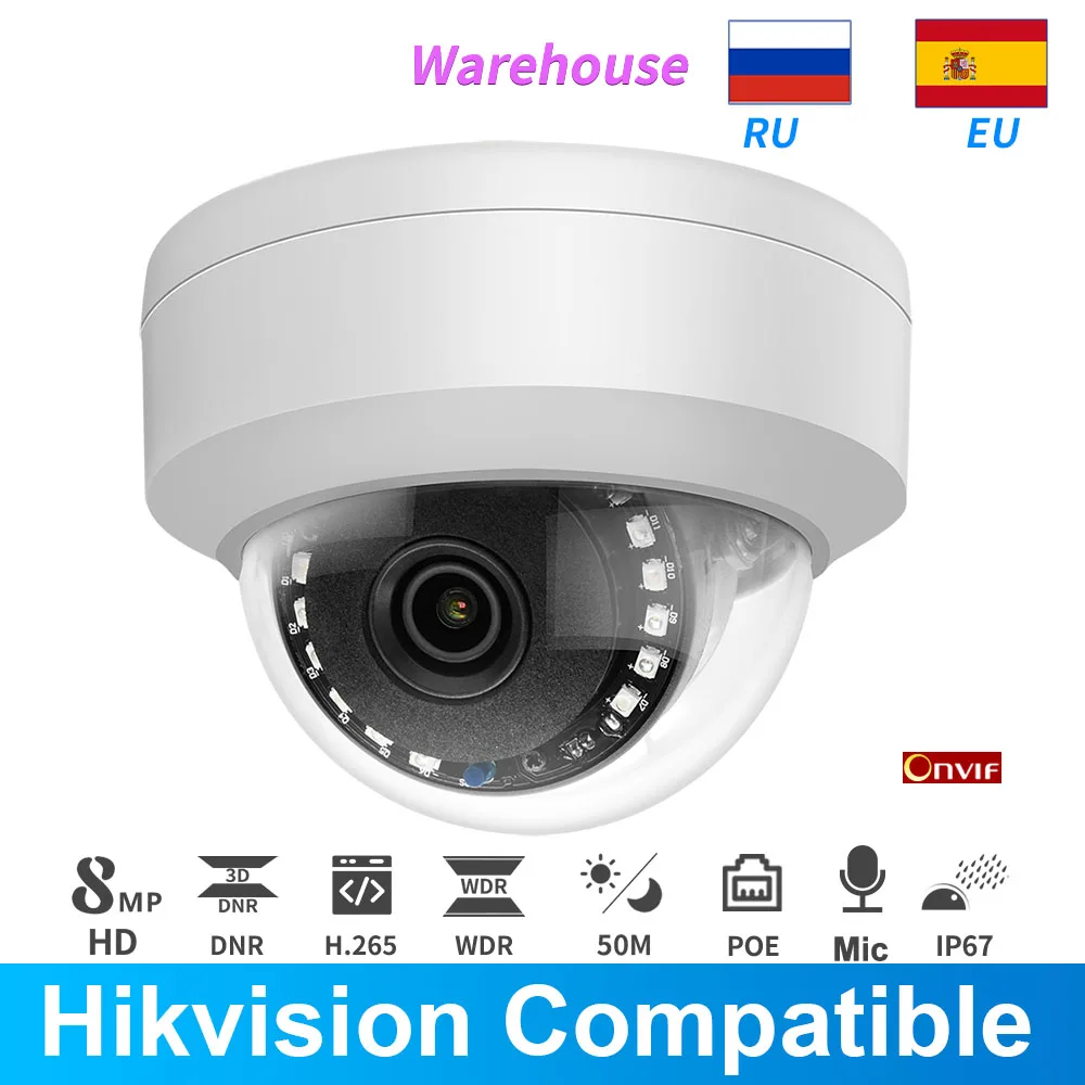 US $36.98 Hikvision Compatible Ip Camera 8mp 4k Dome Poe BuildIn Mic Ir 5mp Cctv Security 2mp Ir 50m Hikvision Protocol PlugAmpPlay Onvif