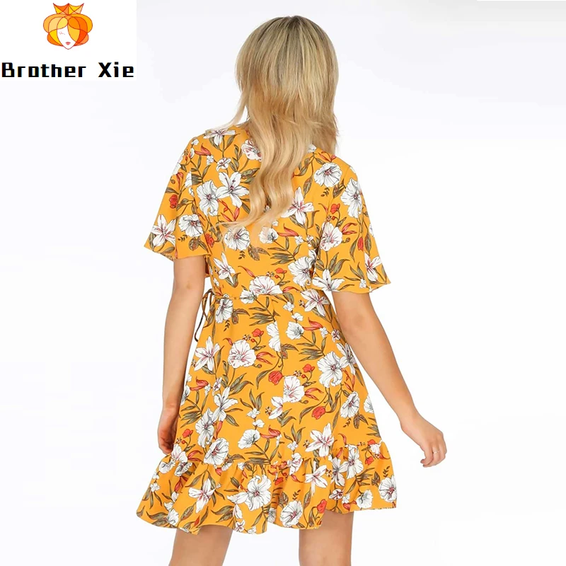 

Elegant Ruffle Wrap Dress Women Summer Floral Print Party Mini Dresses Female V Neck Short Sleeve Boho Beach Casual Sundress