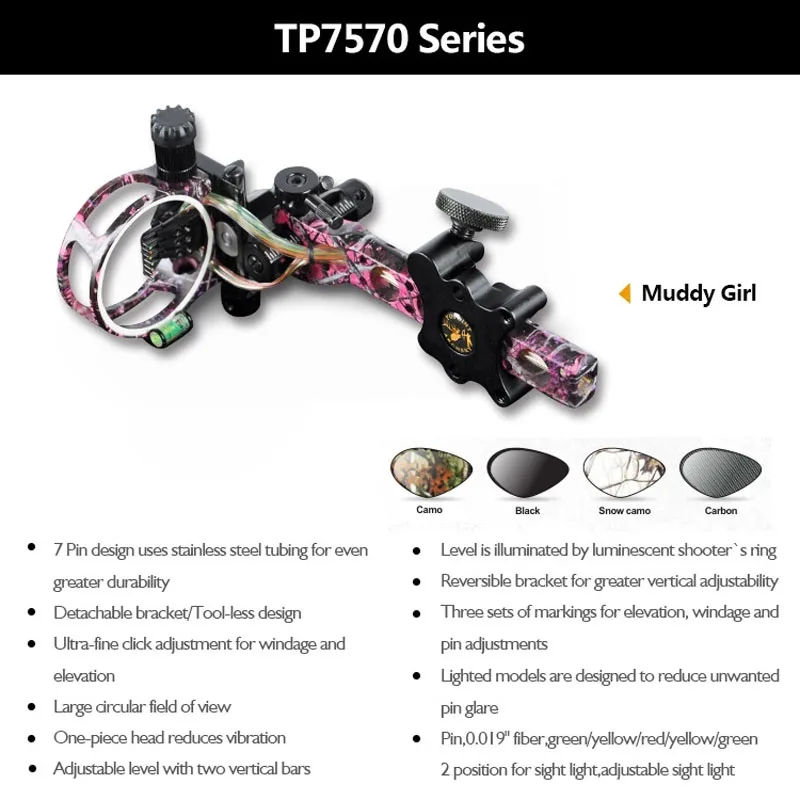 

Topoint TP7570 Compound Bow Sight 7 Pins 0.019" Micro Adjust Detachable Bracket for Archery Shooting