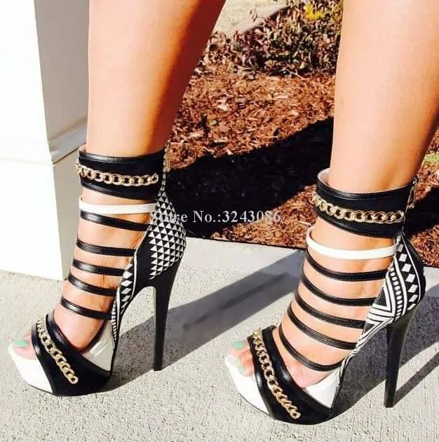 

Lady Sexy Hollow Out Chains Platform Sandals Shoes Fashion Peep Toe Stiletto Heel Mixed Color Gladiator Sandals Real Photos Heel