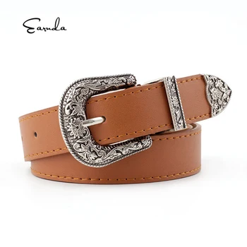 

Earnda Vintage Engraving Denim Style Ladies Belt Casual Wild Trendy High Quality PU Belt