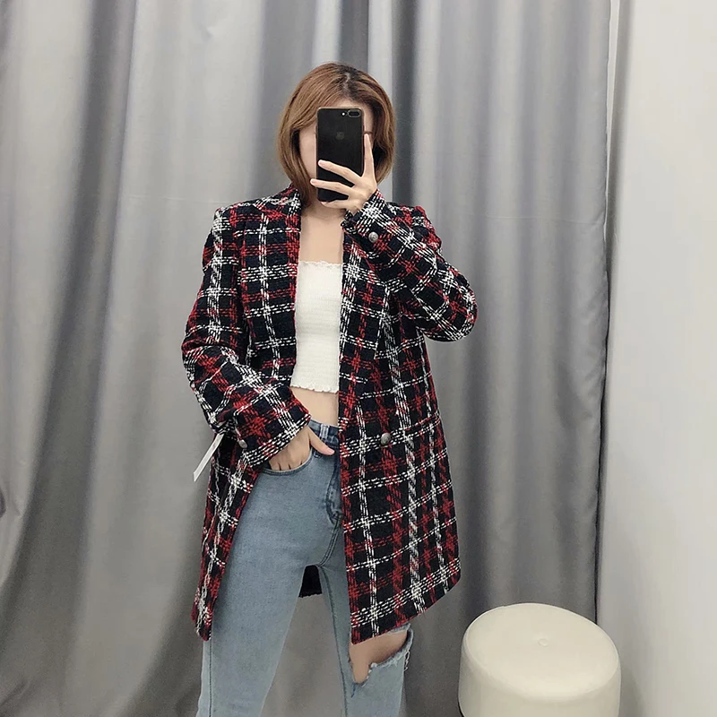 Plaid Printed Blazer Vintage Women Winter Warm Jacket Elegant Double Breasted Suit Blazer Ladies Outerwear Wool Blend Coat