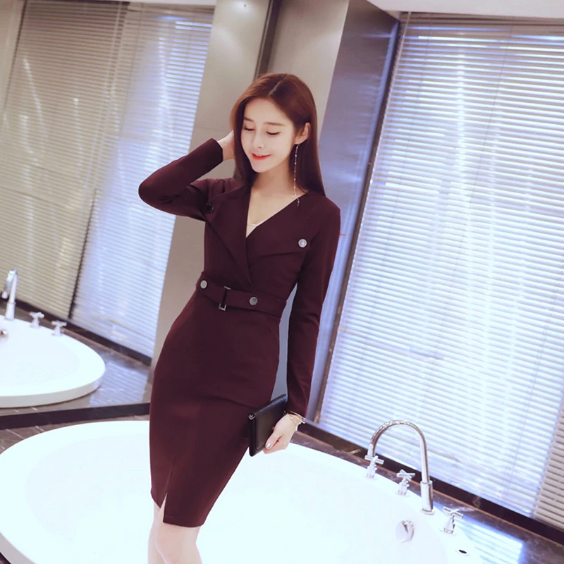 

2020 New Spring Women V-Neck Dress Ladies Commute Solid Color Dresses Female Slim Fit Splice High Quality Fashion Dresses LT144