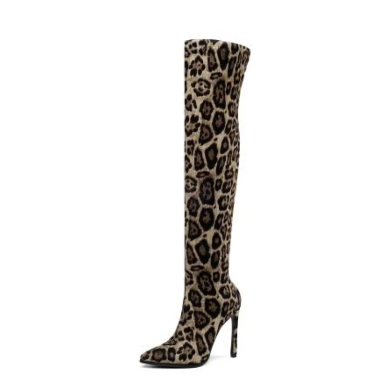 leopard beige Пикантные леопардовые сапоги до бедра; женские модные обтягивающие Сапоги выше колена; Осенняя обувь на высоком каблуке без застежки; цвет коричневый; женские высокие сапоги - Цвет: leopard beige