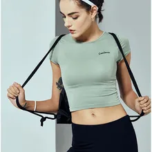 Женские футболки с пупком, Йога, короткий рукав, для спортзала, высокая эластичность, футболки для тренировок, для бега, фитнеса, спорта, бесшовный укороченный топ