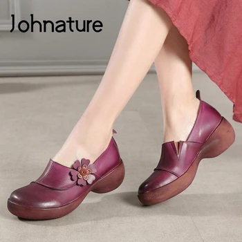 

Johnature Pumps Women Shoes Retro 2020 New Autumn Genuine Leather Platform Heels Round Toe Casual Flower Hanmdade Ladies Shoes