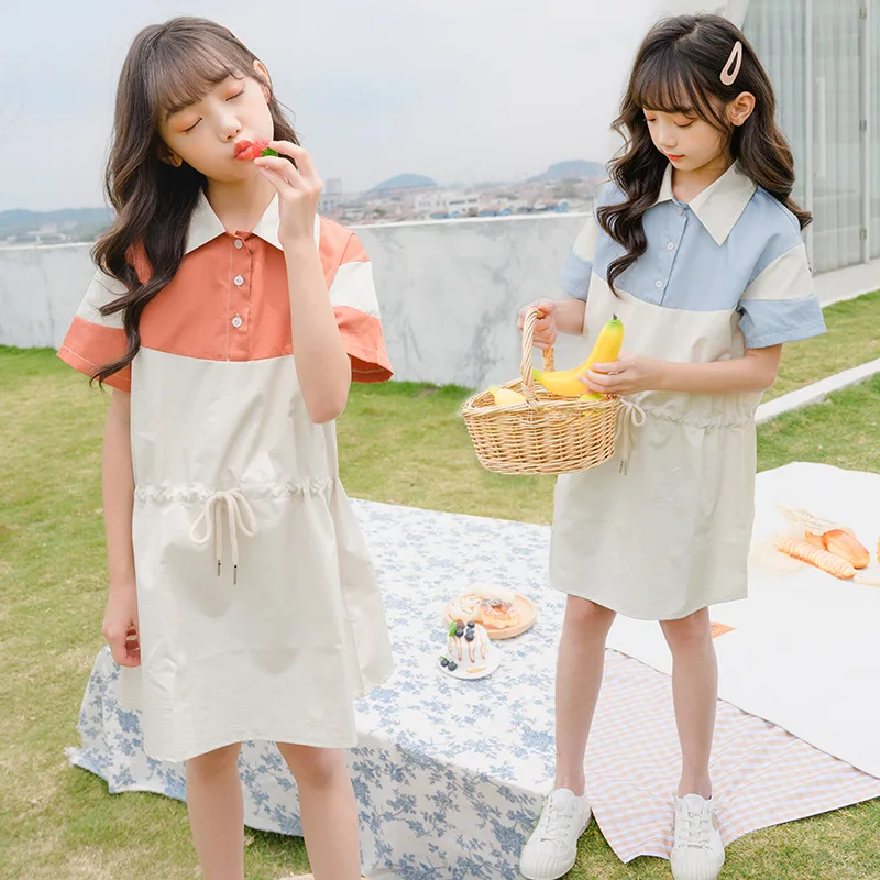 

2020 Summer Dress For Girls 5-15 Years Teenagers Baby Girl Shirt Dress Patchwork Kids Dresses Cotton Children Clothes Teen Dress