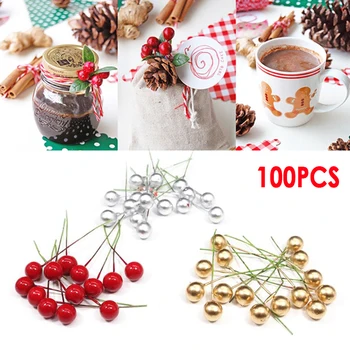 

100Pcs Artificial Red Holly Berry Ornament DIY Craft Accessories Christmas-Decor Cherry Christmas Plastic Pearl Berries Decorate