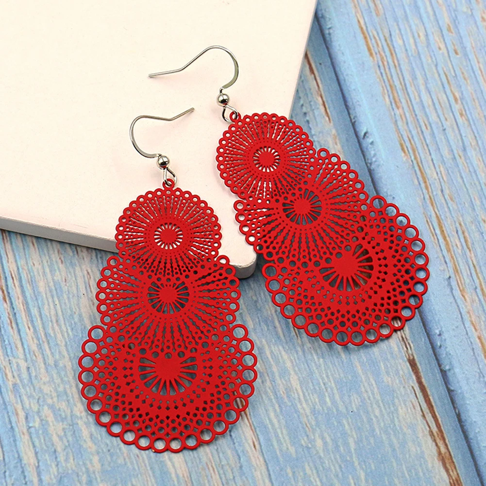 Contento Estimar Preferencia Pendientes redondos rojos para mujer, aretes con patrón calado bohemio,  grandes, llamativos, joyería para fiesta nupcial, pendientes largos| Pendientes con forma de gota| - AliExpress