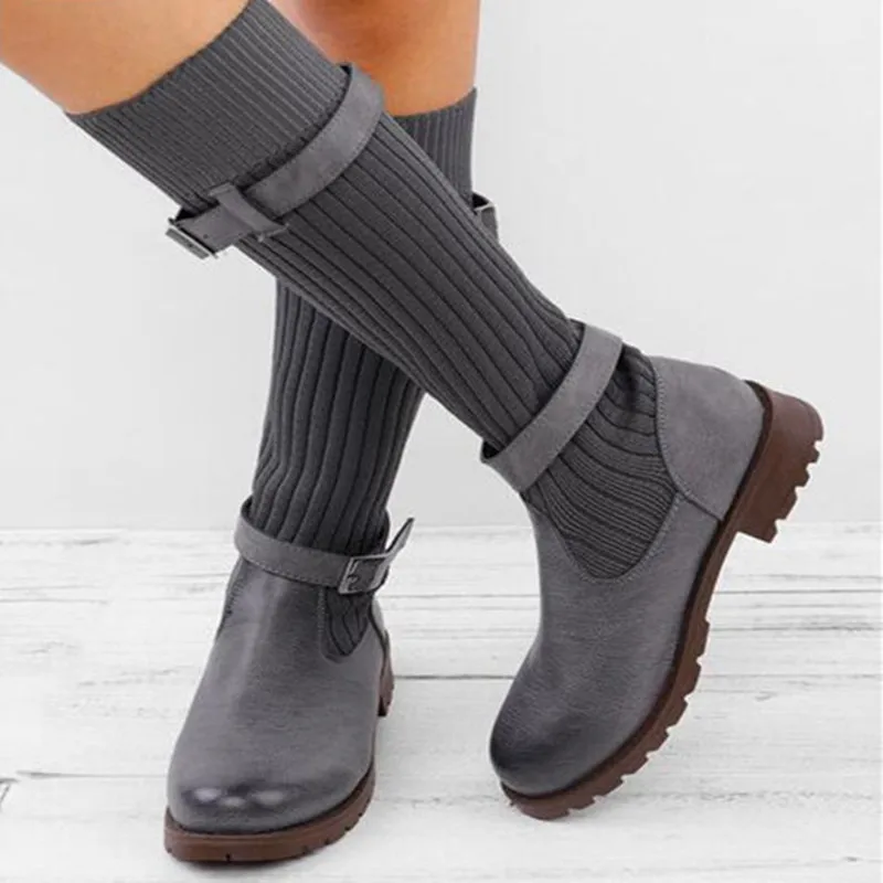 

Winter Women Sock Snow Boots Faux Suede Slim Buckle Strap Slip on Platform Mid-Calf Flats Heel Black Ladies Shoes Botines Mujer