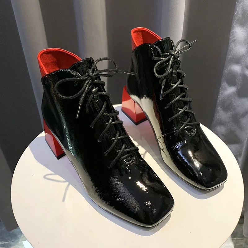 

Women's Short Boot Chunky Heel Stiletto Boots Shoes Low Heels booties Booties Ladies Luxury Designer Lace Up Bootee Woman 2019