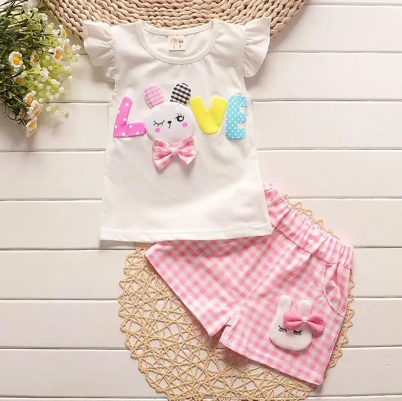 BibiCola/Летняя одежда для девочек комплекты одежды для детей хлопковые футболки с героями мультфильмов для маленьких девочек+ джинсы, 2 предмета, Костюмы Одежда для девочек, для От 1 до 4 лет - Цвет: pink3