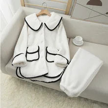Lamb Wool Lady Pajamas Set  Sexy Turn-Down Collar Pyjamas Suit Thicken Keep Warm Sleepwear Autumn Winter Home Long Nightwear