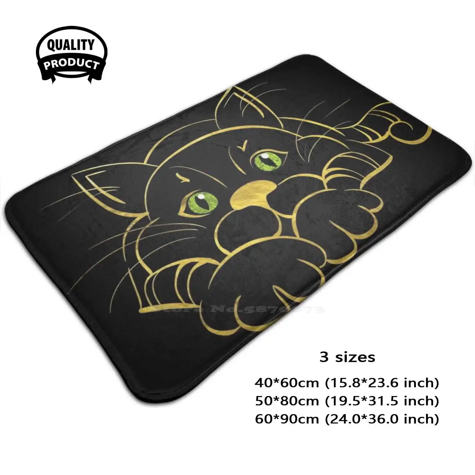 Black Cat With Green Glitter Eyes And Gold Outline 3D Household Goods Mat Rug Carpet Cushion Cats Eye Feline | Дом и сад